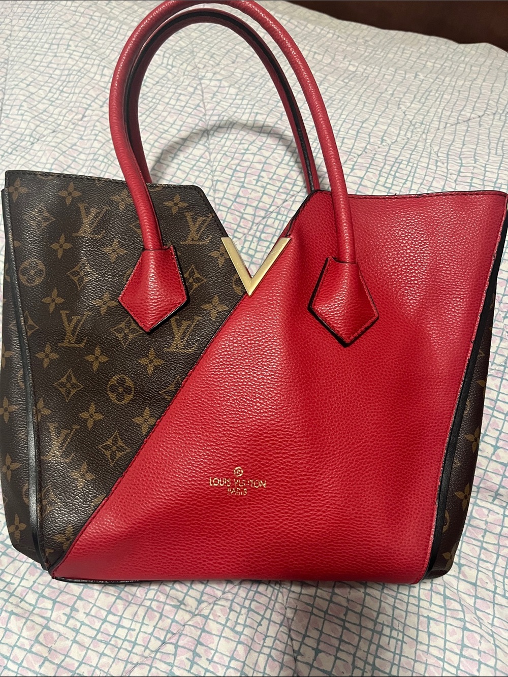 Louis Vuitton Red Pebbled Leather & Monogram Tote